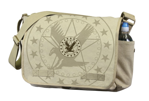 Vintage Canvas Messenger Bag - Khaki With Exploded Army Eagle Print - Delta Survivalist